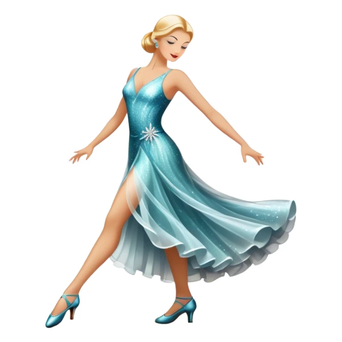Humanless Icon for Ballroom Dance: elegant ballroom dance shoes, a sparkling dress, and a dance floor with a spotlight. The icon should capture the grace and elegance of ballroom dancing, with emphasis on movement and rhythm. Transparent background. sticker