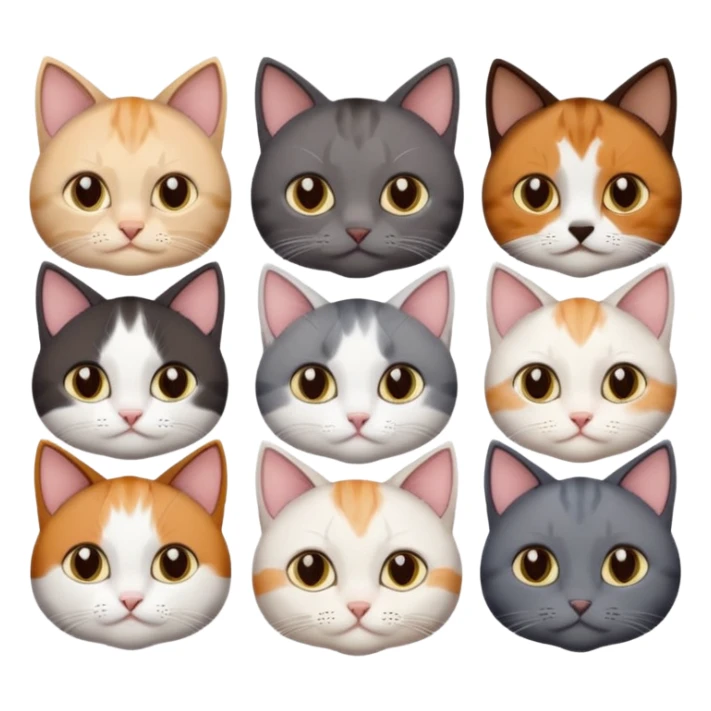 5 different coloured short haired cats including; a dark brown and white cat, and a dark grey and white, and a calico sticker