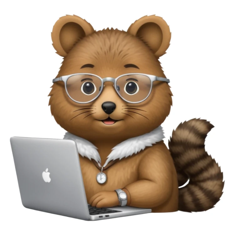 Quokka with silver-rimmed glasses working on a laptop sticker