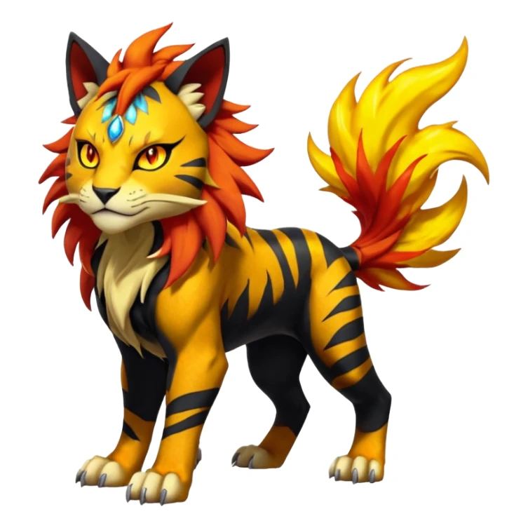 Volcanic Fiery Shiny Legendary Epic Badass Evil Colorful exotic dark-colored, vibrant, golden, burning, badass, cool, realistic Pyroar-Sprigatito-Torracat-Luxray-Tigress-Solgaleo-Liger-Hybrid-Fakémon-Pokémon-Hybrid-Creature (full body) sticker