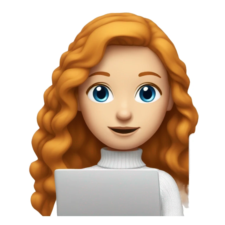 ginger girl with long hair and blue eyes in turtle neck white sweater working on a laptop sticker