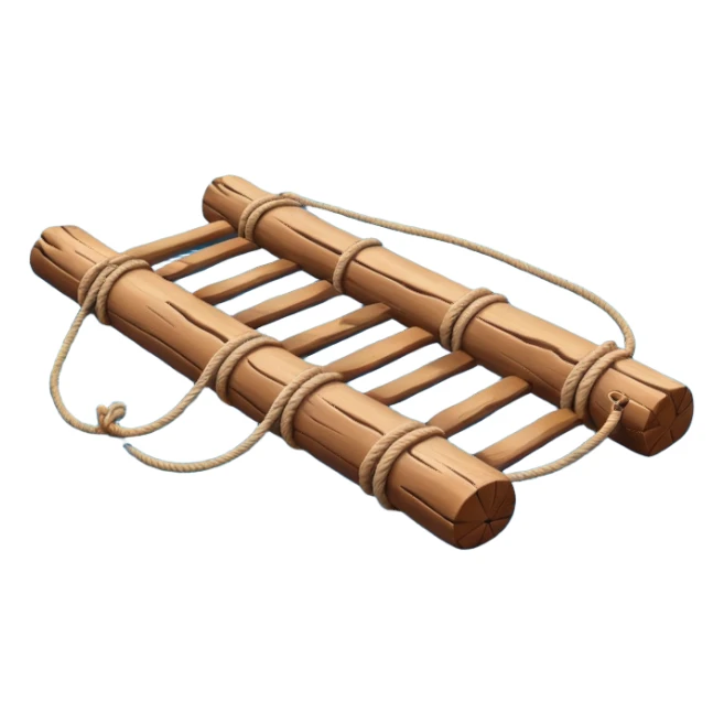 showing a simple wooden raft floating on calm blue water — made of several brown logs tied together with rope — gentle ripples around it — bright, cheerful lighting and soft shadows — minimalist, clean emoji design sticker