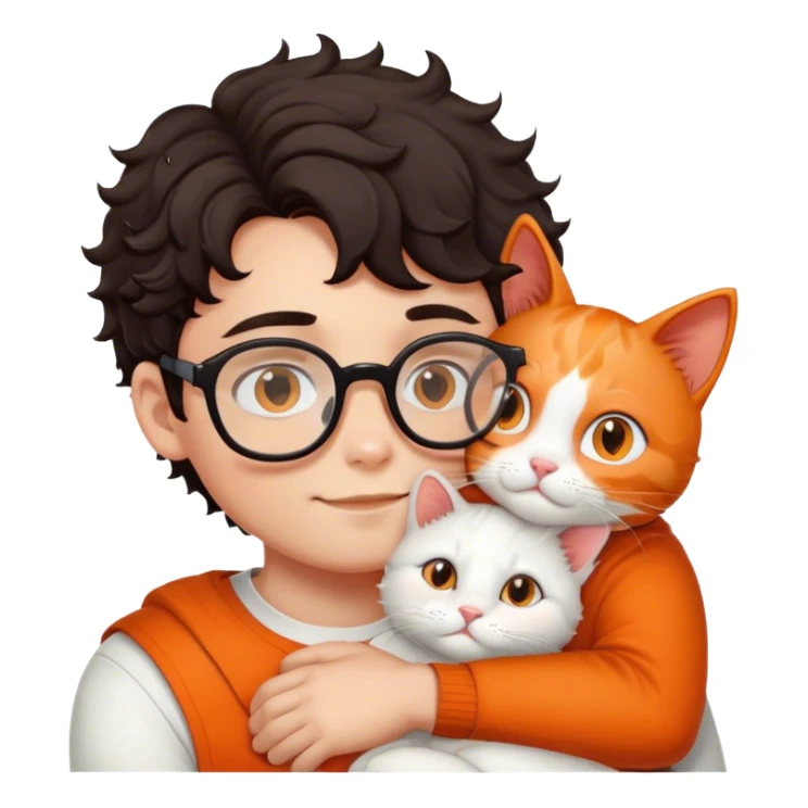 Boy with curl dark hair and glasses hugs white and orange cat sticker