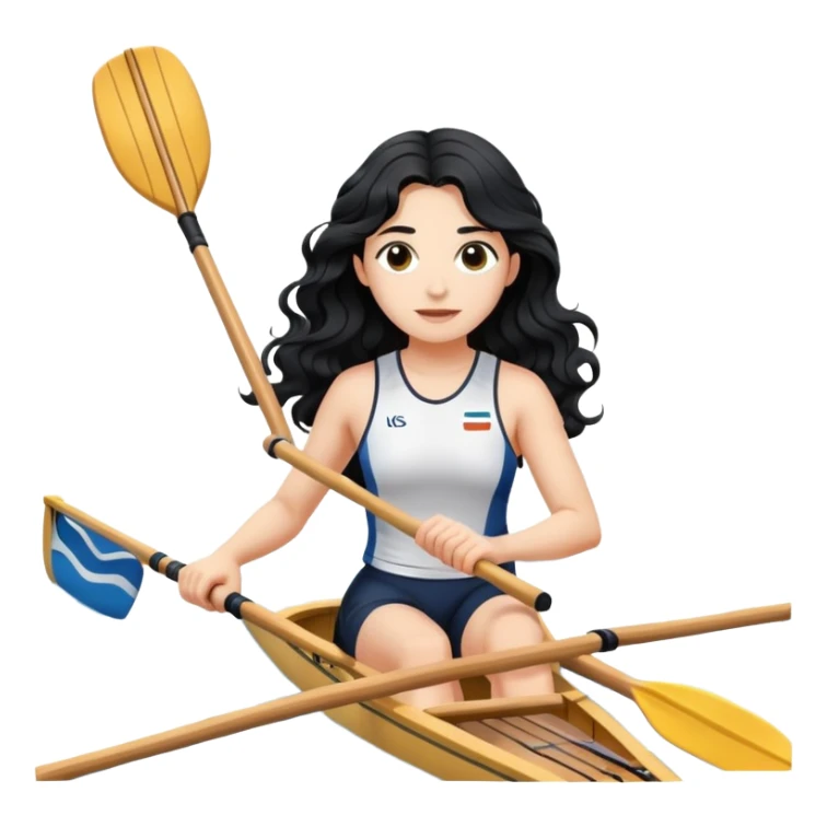 girl with long black wavy hair rowing in Olympic rowing sport, with single oar sticker