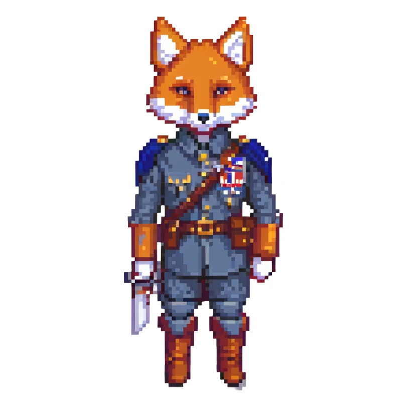 pixel art fox wearing classic soldier outfit, holding small flag, determined expression sticker