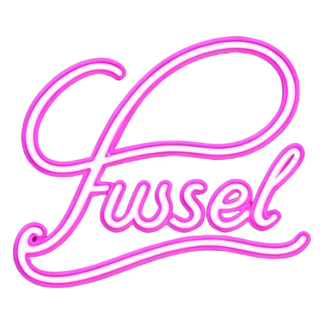 glowing pink neon sign that says “Fussel" in cursive  sticker