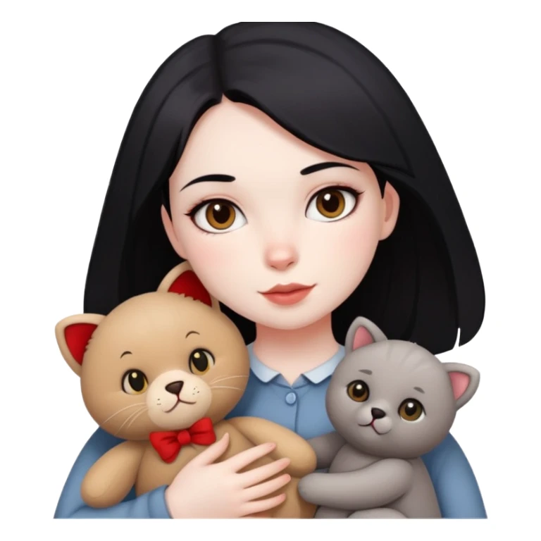 A girl with drak eyes, red cheeks, black hair with a white face, holding a British gray cat and a brown teddy bear sticker