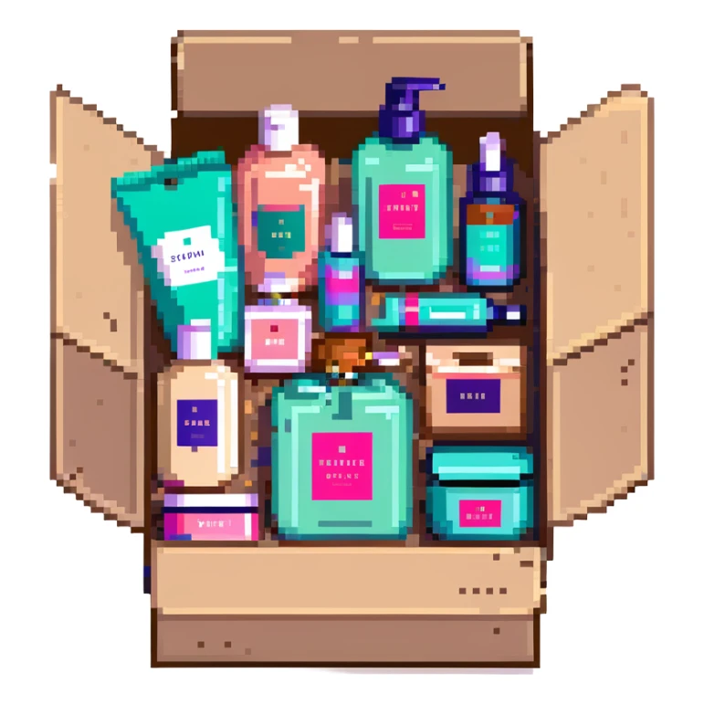 Gift bag with beauty products (shampoo, creams, styling products), a gift bag is beautyful open box full of luxury brand-labeled beauty products sticker