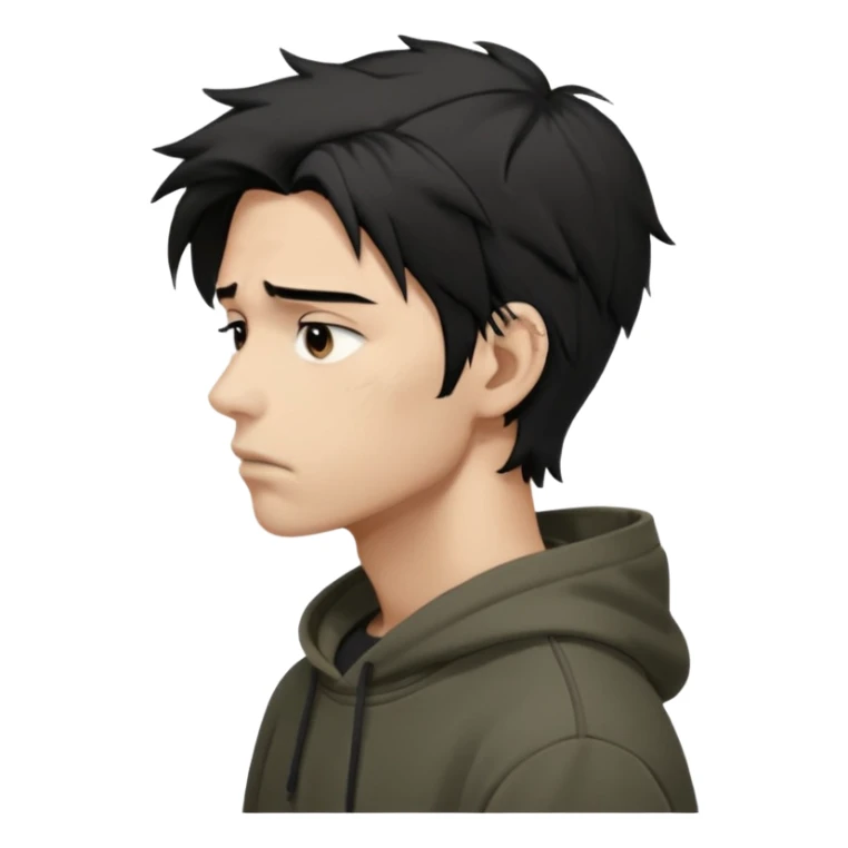 A dark anime-style illustration of a young man in side profile, facing left, with messy black hair tied loosely, sharp jawline and tired eyes. He wears an oversized dark hoodie with muted earthy tones. His expression is calm but emotionally heavy, showing silent pain and inner conflict.

 sticker