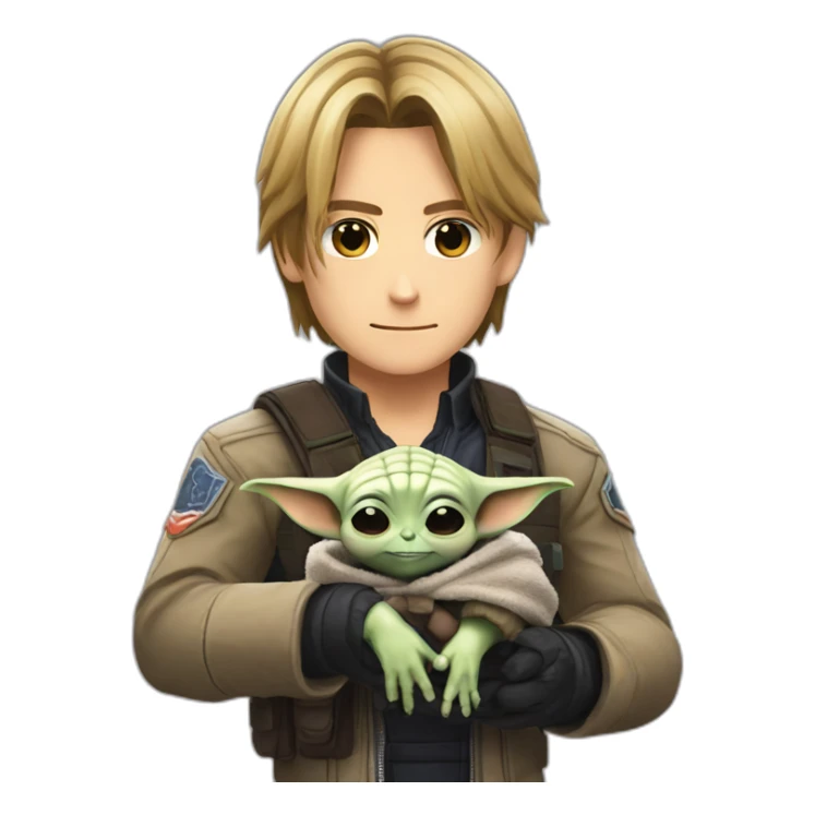 Leon Kennedy holding baby yoda sticker