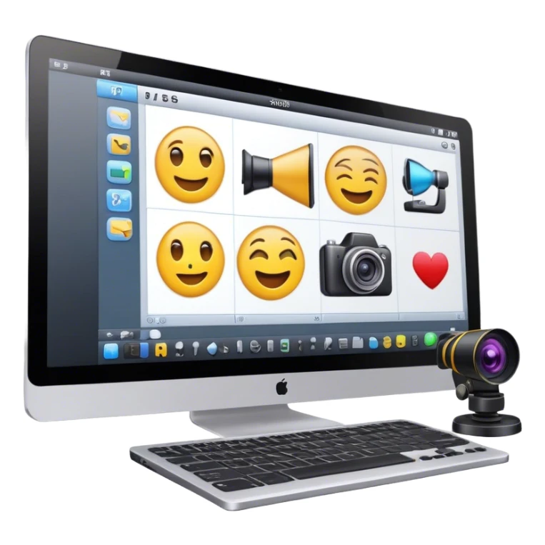 Create an emoji of video editing. Should feature a video editing timeline or interface on a computer screen, showing clips and a playhead. Include a video camera and editing tools. No any smiley faces in emoji. Make the background transparent. sticker