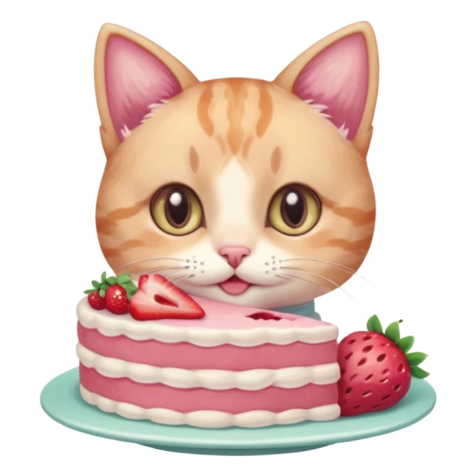 A cute cat happily eating a slice of strawberry cake, pastel color palette, soft shading, big sparkling eyes, kawaii style, highly detailed digital illustration, cozy atmosphere
, sticker