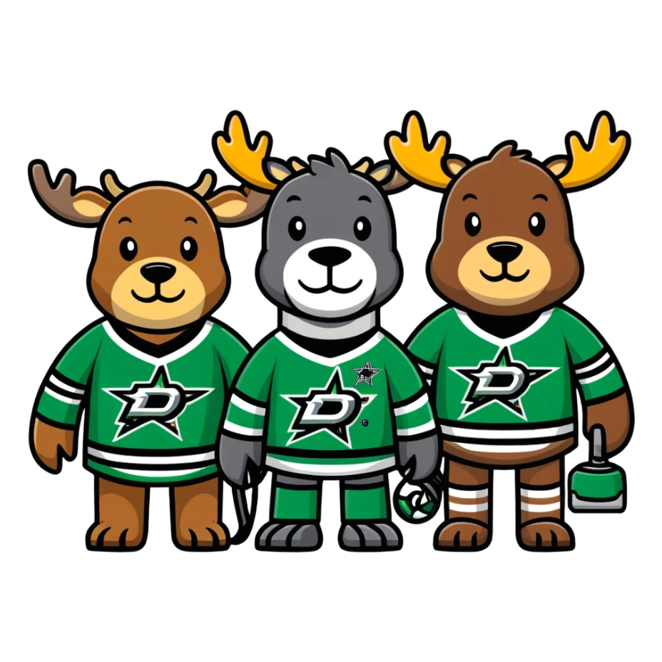 Moose, robot, and otter in Dallas stars jerseys sticker