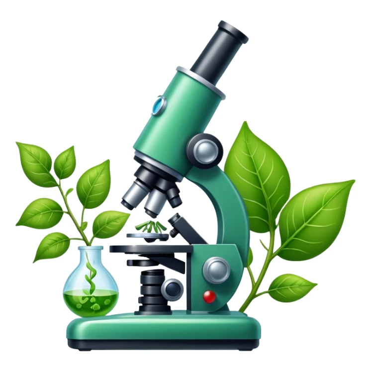 An icon featuring a DNA strand, a microscope with visible cells, and a green leaf, symbolizing biology. The design includes animal cells, plant structures, representing the study of living organisms and ecosystems. Transparent background highlights life sciences and biological research. sticker