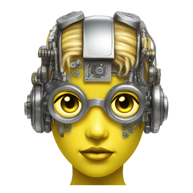 Neon yellow bobbed hair Caucasian female cyborg head with silver steampunk goggles and circuits sticker