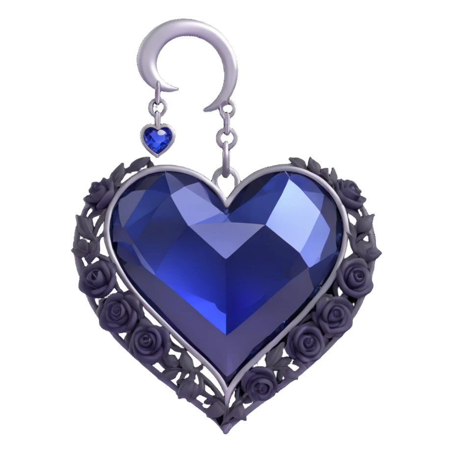 3D emoji gothic heart, midnight blue crystal texture, silver crescent moon charm, tiny black roses sticker