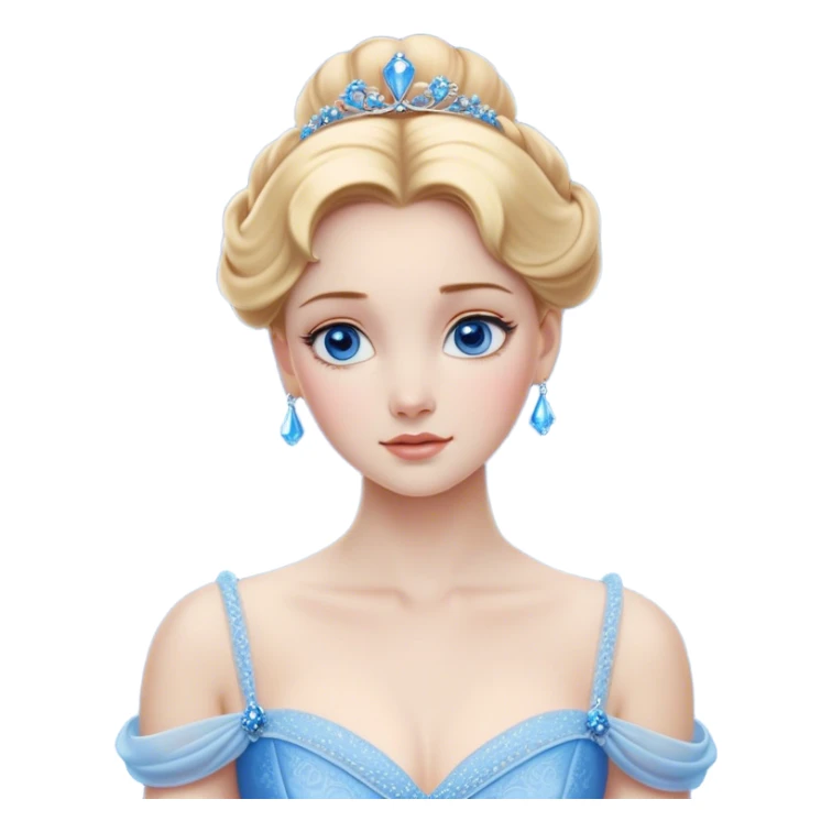 Cinematic Realistic Noble Cinderella Portrait, depicted with porcelain skin rendered in lifelike detail and soft, natural lighting that highlights every delicate nuance. Her intricately styled golden-blonde hair is arranged in an elegant updo, and her deep, expressive blue eyes radiate quiet determination. She wears her classic ball gown with rich fabric textures and delicate folds catching the light beautifully, all set against a subtly glowing, natural background that captures the essence of timeless royal grace. sticker