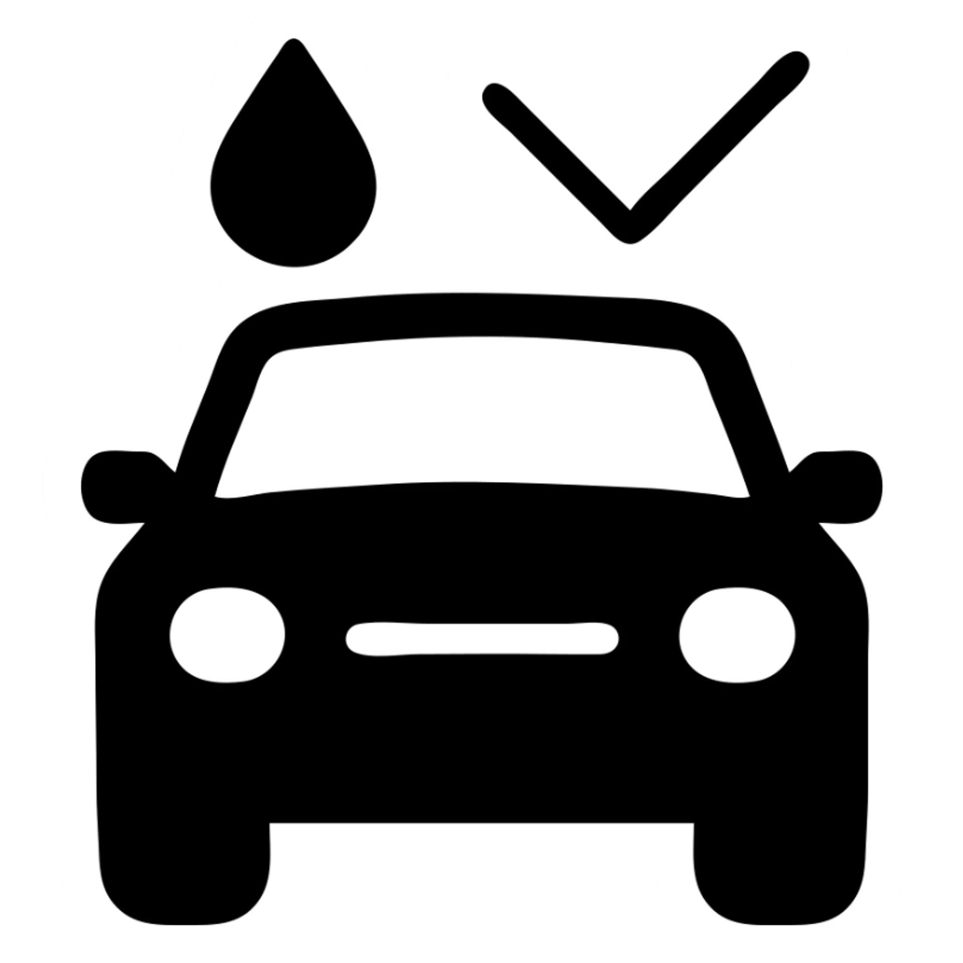 solid icon of a full luxury vehicle with glossy black mirror paint, water droplet sliding on the surface, minimal repellent effect with lines, elegant and minimal sticker