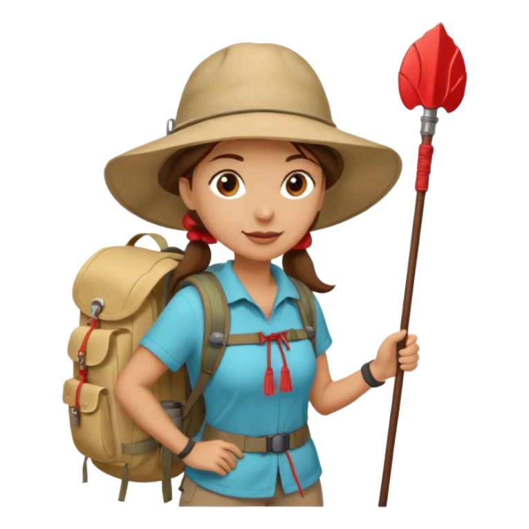Middle aged women, long brown ponytail with wide brim hiking hat. With backpack and trekking poles. Backpack has a scallop shell with the cross of saint james hanging from it.  Remove the cross and add a scallop shell on a red string hanging from the backpack  sticker