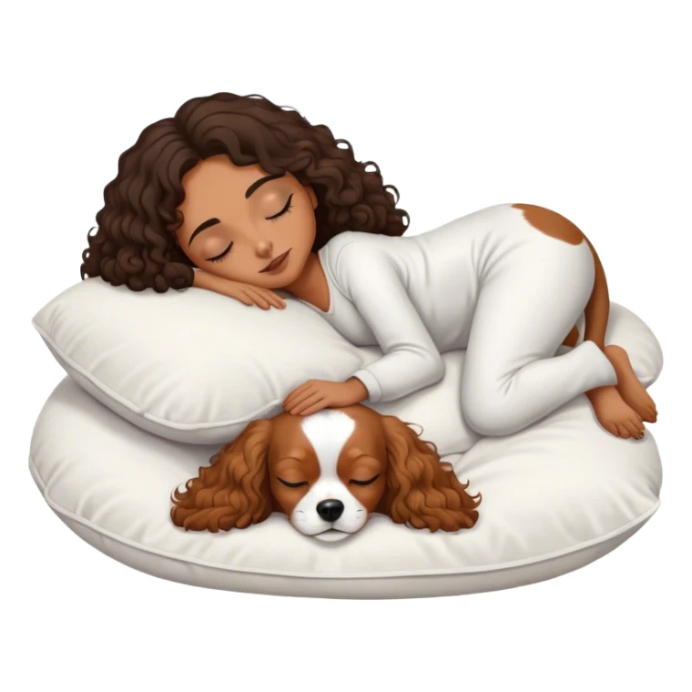 Curly dark hair medium length mixed girl sleeping on pillow with one white and tan cavalier dog sticker
