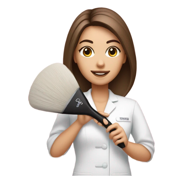 Brown haired esthetician wearing pink holding fan brush sticker