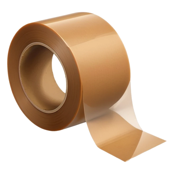 wide roll of brown packing tape with glossy semi-transparent surface and thick cardboard core, one end slightly peeled back, angled for depth, no box or dispenser, apple emoji style, soft lighting, subtle shadows, emoji scale sticker