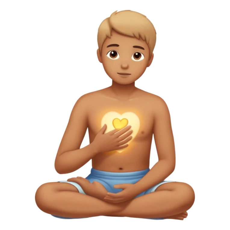 A person sitting still with their hand gently placed on their chest. A soft, warm light begins to emerge from within.  faint, blurred images of childhood moments float in the air, still distant slowly clearer as they focus on present sticker