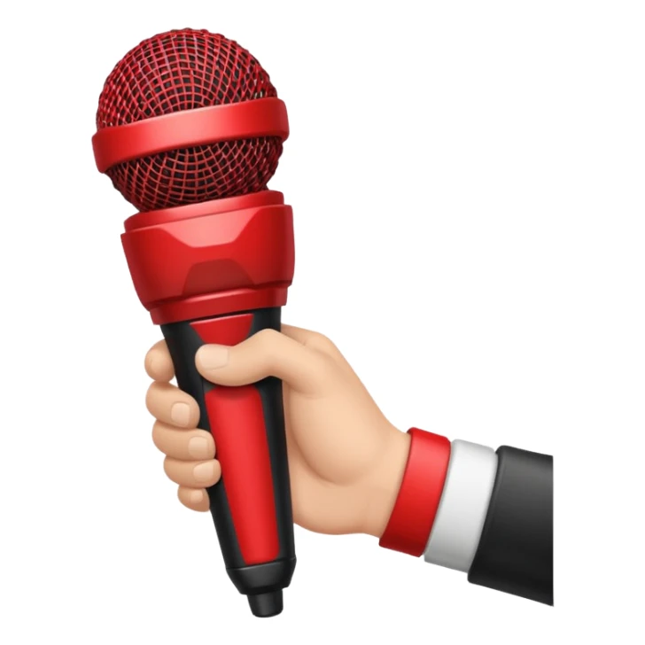hand holding black stage microphone with red strip on bottom sticker
