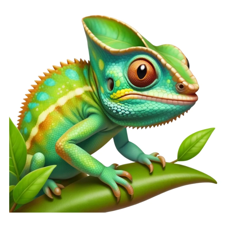 cinematic cute-smiling baby chameleon-realistic emoji,-blending-with-vibrant-greenery.-detailed-scales-in-shifting-colors,-showing-the-chameleon’s-ability-to-camouflage.-soft-natural-light-highlights-its-texture.-light-background, zoomed into its face sticker