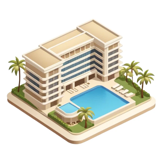 White and beige luxury resort hotel Hawaii, isometric exterior sticker