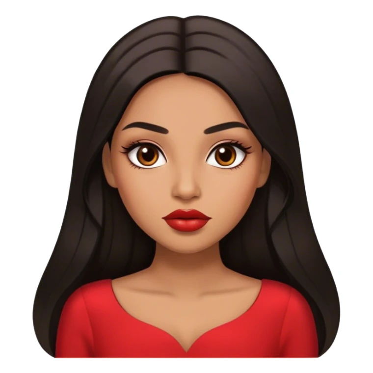 light brown skin tone, very beautiful woman, with big plump lips, long long lashes, black long straight hair, middle hair parting, brown eyes, red dress sticker
