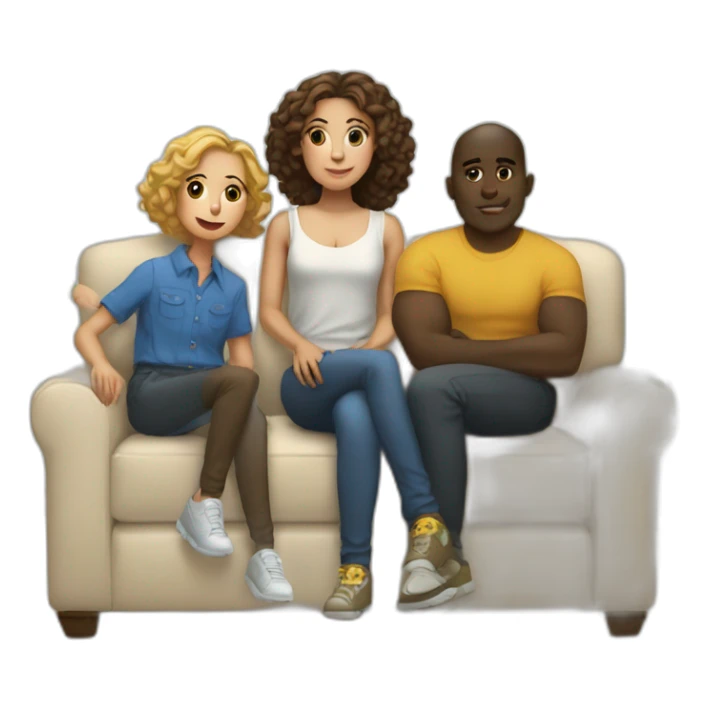 a light-skinned girl sits on a sofa and five dark-skinned guys stand behind sticker