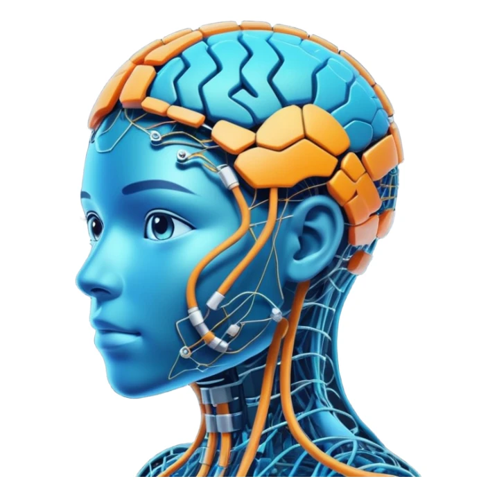 neural network nodes connecting to a digital avatar head, futuristic and vibrant, innovation and AI sticker