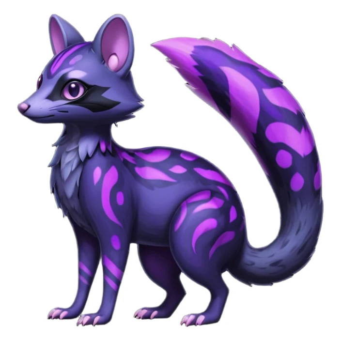 Obsidian-onyx-black fur base coat with glowing-neon-purple markings and patterns, shiny blind eyes, magical fantasy-Genet-Sentret-Marsupial-Possum-Vernid-Sergal-Fakémon-hybrid, by LiLaiRa-griffsnuff, full body sticker