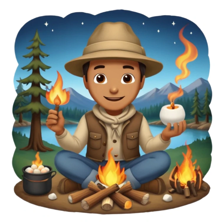 A man roasting marshmallows over the campfire with a warm grin. sticker