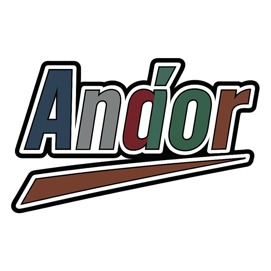 Text image of the name 'Andor' in a masculine, modern font with gradient colors (blue, gray, burgundy, green, brown), precise Hungarian characters, dark contour, extra thick, prominent white letter border, dynamic slanted underline, 1000x1000 px, PNG, transparent background. sticker