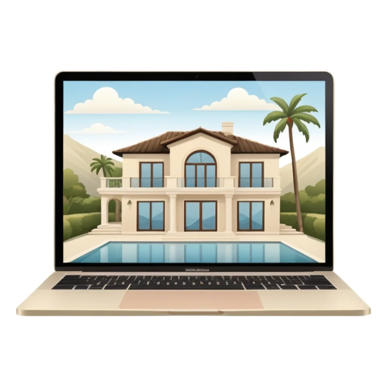 
light beige open macbook sideways with luxury villa on screensaver sticker
