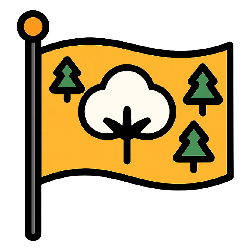 flag with a central cotton plant and trees in the corners, clean and modern sticker