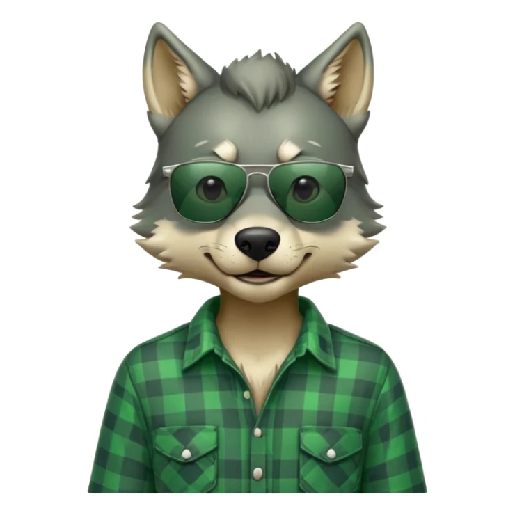 friendly anthropomorphised wolf in green plaid shirt and green attire for St. Patrick's Day, wearing dark sunglasses, upright pose sticker