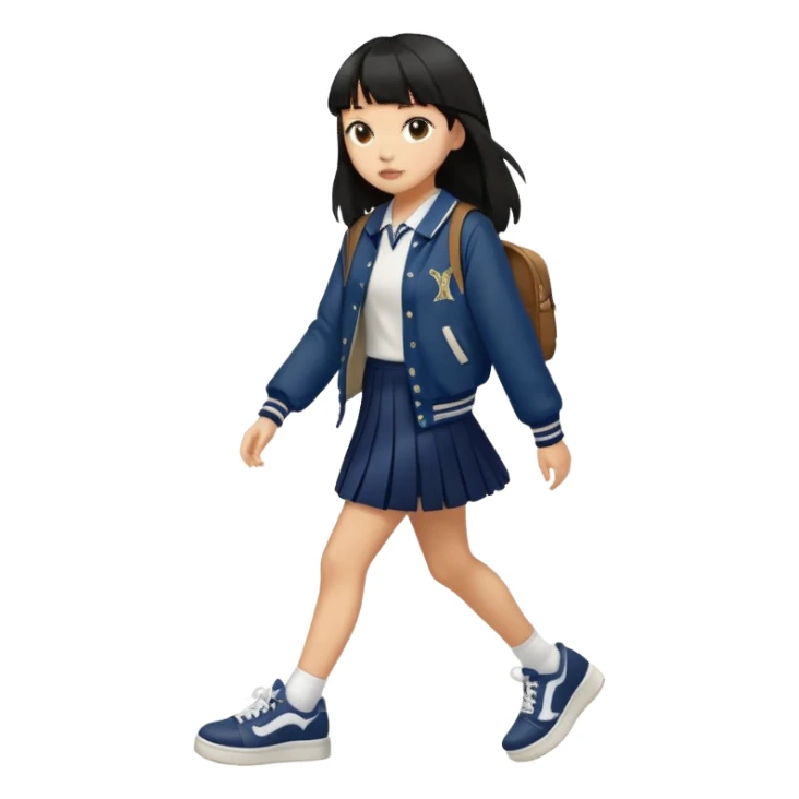 hair : black long hair with fringe 
skin : light 
outer : deep brown varsity jacket (oversize) 
skirt : navy long long school girl skirt (under knee)  
motion : walking alone 


 sticker