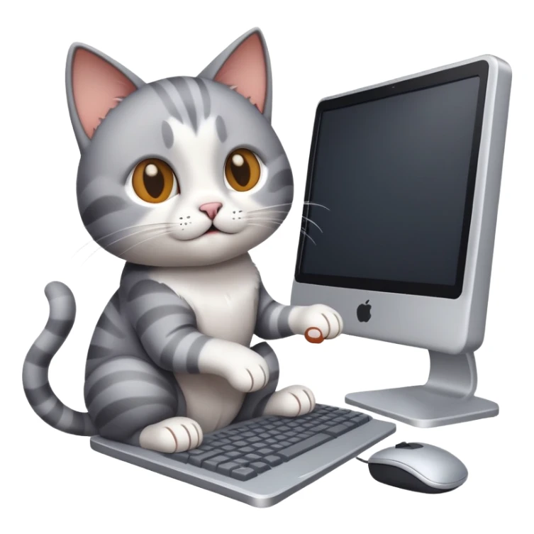 The cat is sitting at the computer and poking at the keyboard with its paw. sticker