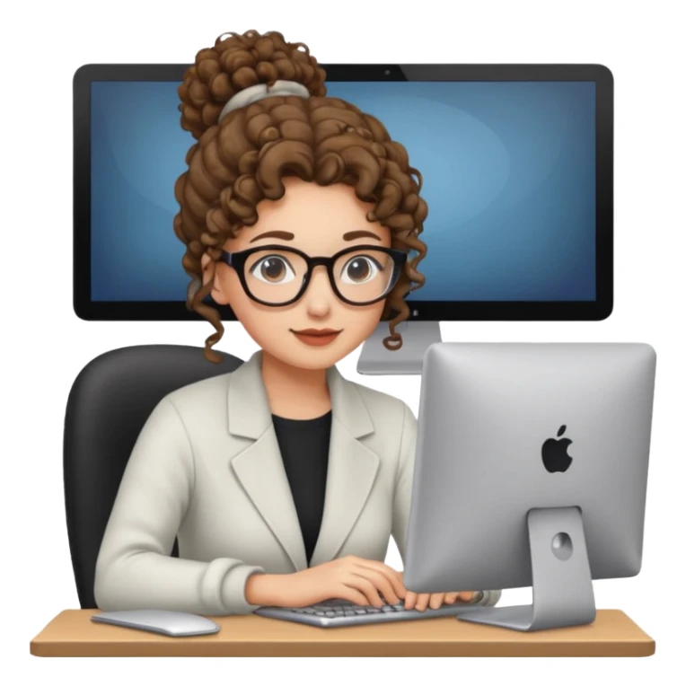 chica con pelo rizado en moño al ordenador sticker