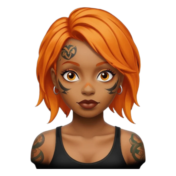 black woman with tattooed faces and orange hair sticker