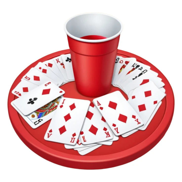 playing cards on a table in a circle around a red solo cup sticker