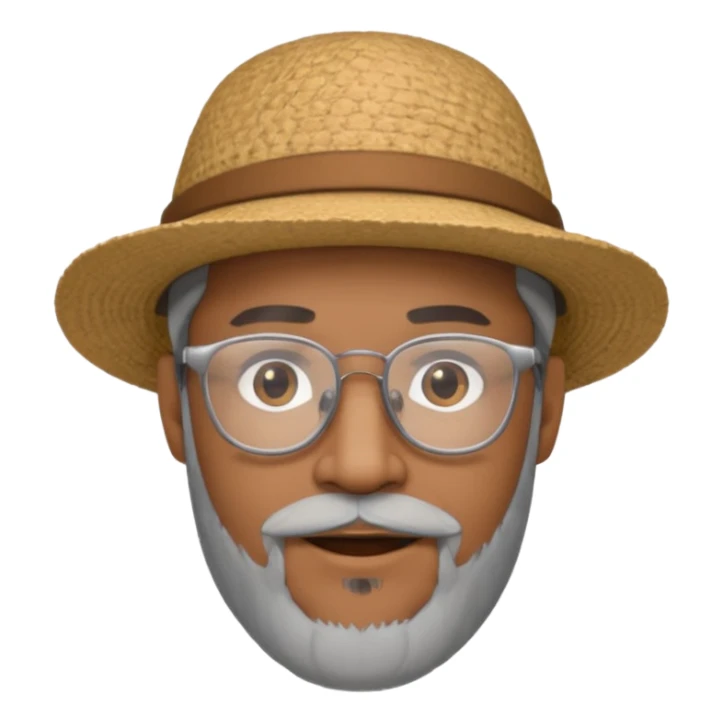 Brown man slightly smiling showing with hat, clear glasses and a gray goatee sticker