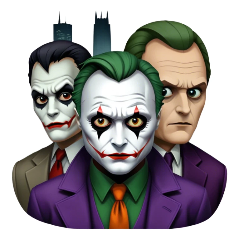 Thriller movie icon: A close-up collage with eerie, dramatic elements. Include the Joker, Hannibal Lecter, and a dark, moody Gotham City skyline in the background. The characters should look intense and shadowed, creating a tense atmosphere. Transparent background. sticker