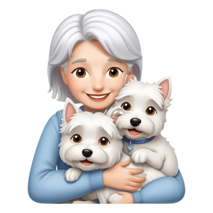 one silver-haired 60-ish lady smiling and hugging one westie sticker