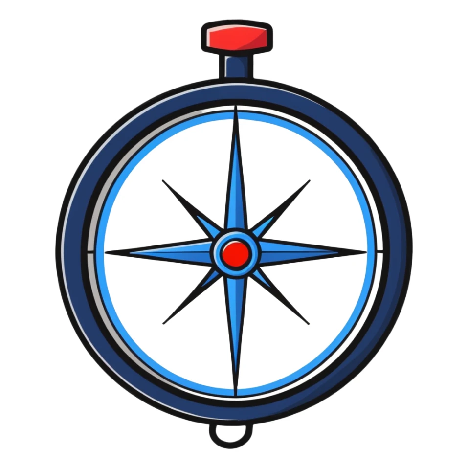 iOS compass with blue and red north/south markers hanging by a white ribbon sticker