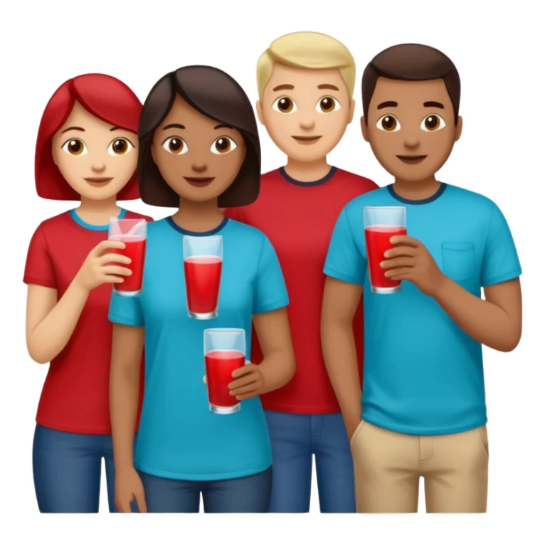 Two dozen adults in casual clothing with red, aqua and blue shirts with different drinks chatting at an afterwork meeting sticker