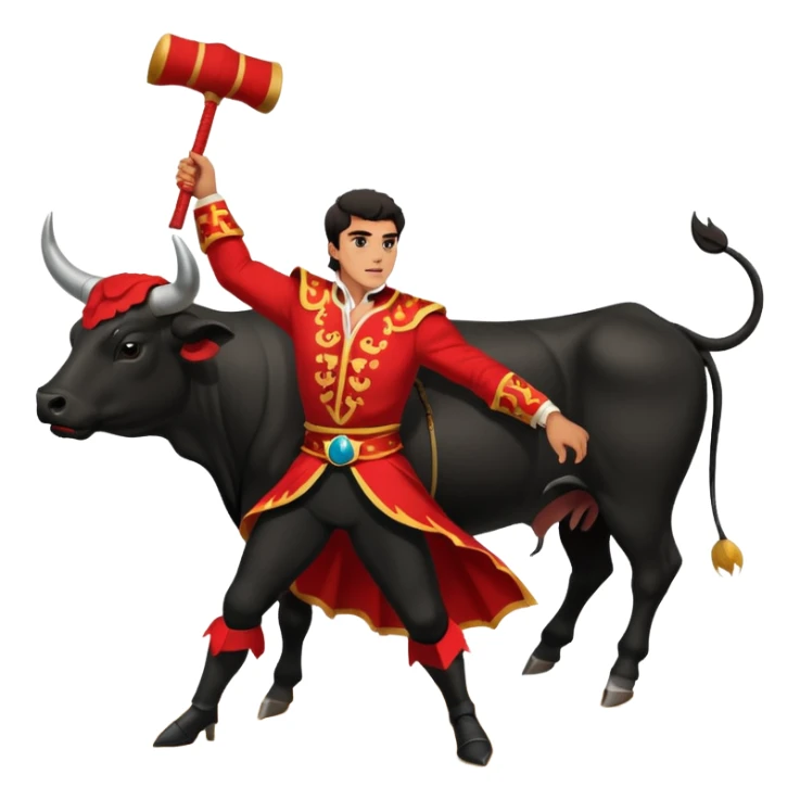 Create a realistic image of a traditional bullfighting scene in a Spanish arena.
Show a bullfighter (matador) HOLDING a red cape (muleta) not wearing one. as a powerful black bull charges toward it. sticker